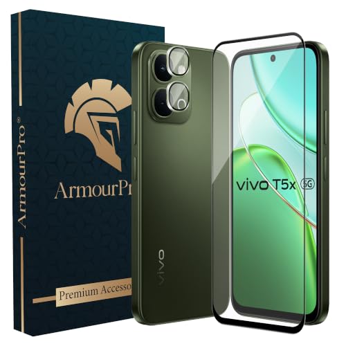 Image of ArmourPro Edge to Edge Tempered Glass for Vivo T5X with Green Camera Ring Guard, 9H Screen Protector, Anti-Scratch, Anti-Fingerprint, Bubble-Free Installation Kit