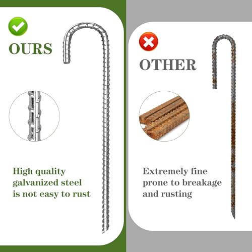 Toopify 12 Pack Rebar Stakes, 12 Inch Heavy Duty J Hook Galvanized Ground Anchors, Anti Rust Metal Steel Tent Stakes Garden Fence Stakes, Silver