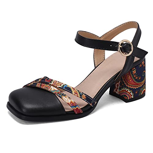 Sandales femme talon carré bout carré fermé Lizoleor vintage noir 38