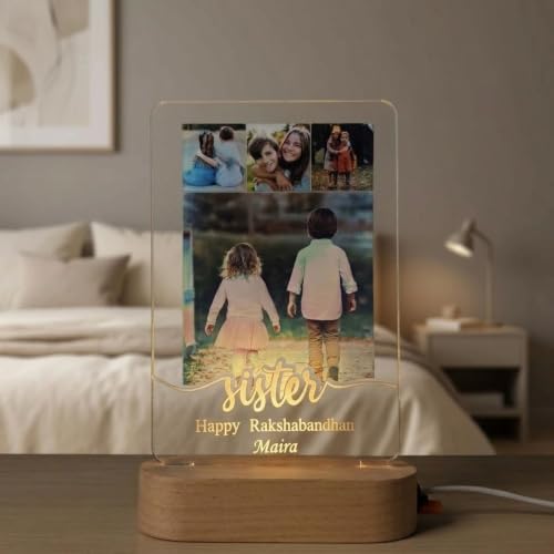 Image of Personalized Rakshabandhan Table Lamp for Sister - Custom Photo Night Light with Name - LED Acrylic Gift for Sister from Brother - Happy Raksha Bandhan Decoration