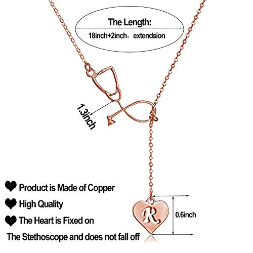 Dcfywl731 Nurse Gifts For Women Rose Gold Stethoscope Lariat Necklace 26 Initial Alphabet Letters Pendent Necklace Heart And Stethoscope Pendant For Medical Student Graduation(Q Stethoscope Necklace) #TOP1