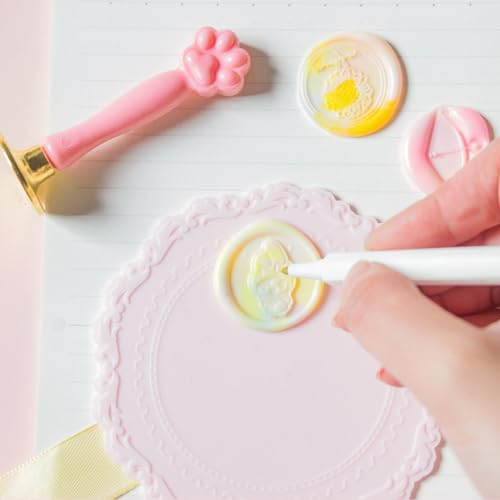 Image of HASTHIP Wax Seal Stamp Set - 15 Multicolor Beads, 6 Random Stamps, Pink Cat Claw Handle, Warmer, Spoon, 10 Tealights, Silicone Mat, Craft & DIY Gift Kit For Personalized Invitations & Packaging