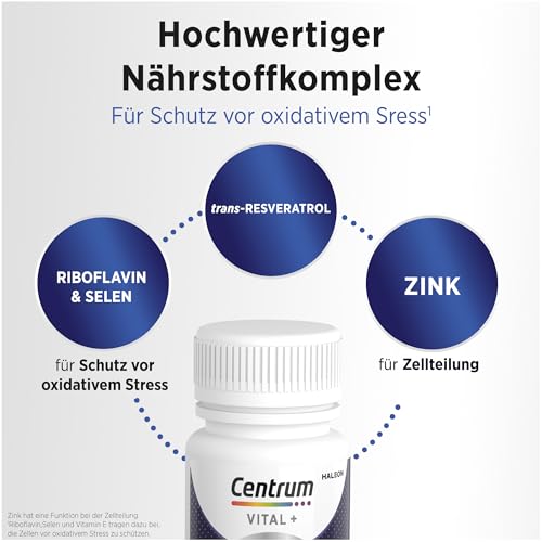 Multivitamin - Centrum Vital+ Antiox Zellschutz, für Schutz vor oxidativem Stress & Zellregeneration, mit Goji-Beeren, trans-Resveratrol, Vitamin A, Vitamin C, Zink, Selen, 30 Kapseln