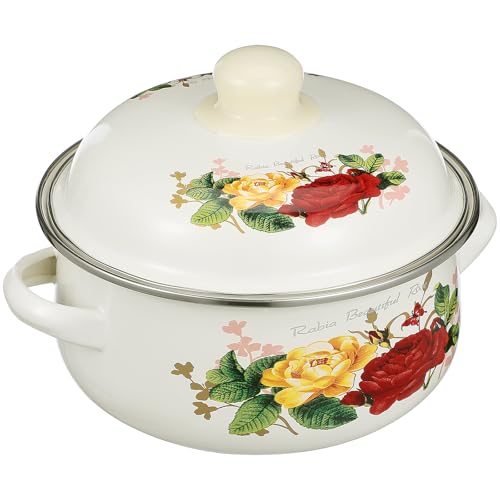 WOFASHPURET Olla de Sopa Esmaltada de 18 Cm Asas Dobles y Tapa, Olla para Estofado de Fondo Plano, Menaje de Cocina Práctico Compatible Cocinas Eléctricas Gas, Diseño Floral Love