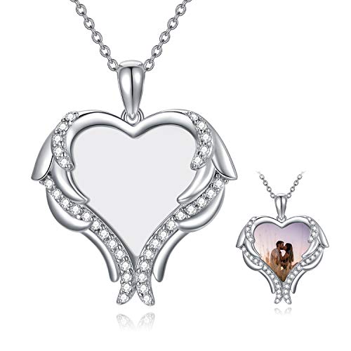 925 Sterling Silver Personalized Photo Heart Wing Necklace Customized Colorful Photo Necklace for Women Girl