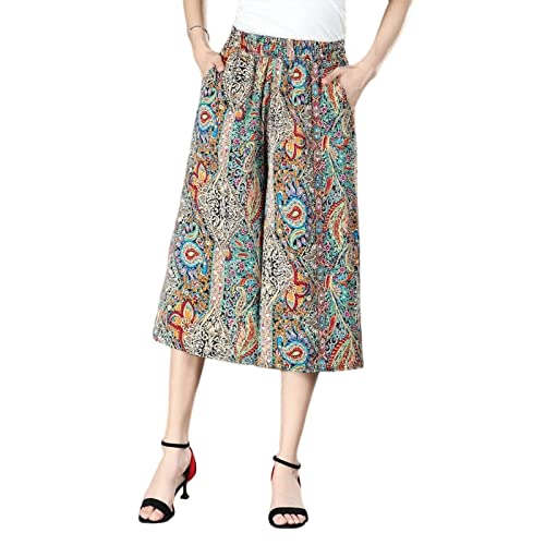 OWTERY Culottes for Women - Gaucho Pants for Women Wide Leg Chiffon Culottes Knee Length with High Elasticated Waist (C)