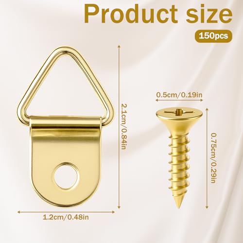 Image of 150pcs Steel Picture Hangers,Golden Picture Hanging Kit,Small Triangle Ring Iron Pictures Hangers with 150 Pieces Screws,D-Ring Pictures Hanger,Heavy Duty Hanging Hooks for Clock,Decoration