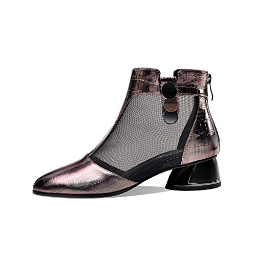 TinaCus Women's Genuine Leather with Mesh Pointed Toe Back Zip Up Low Chunky Heel Ankle Boots2