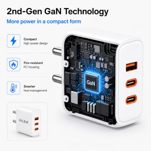 Image of Ailkin 65W GaN Charger | Triple Port High-Speed PD 3.0 & PPS Fast Charging Adapter, 2 x Type C PD Port,1 x USB-A Port | Compatible with iPhone 17 /16 /15, Laptops, Smartphones, Tablets, MacBooks, iPads