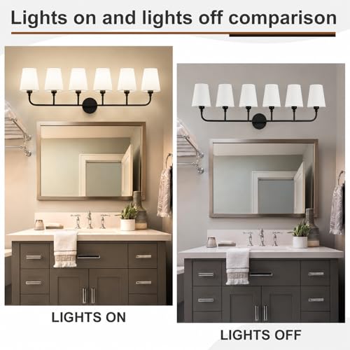Image of Bathroom Vanity Light, Matte Black Bathroom Lighting Fixtures Over Mirror | 6-Light Bathroom Light Fixtures with Flared White Fabric Shade, E26 Socket (ETL Listed)