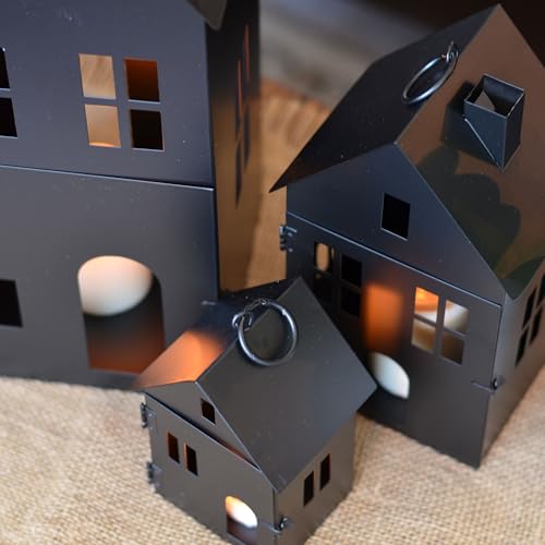Image of Main Street Town House Candle Lanterns, Set of 3, Vintage Style, Architectural Details,Rustic Black, Metal, 13.75, 8.25, and 5 Inches Tall
