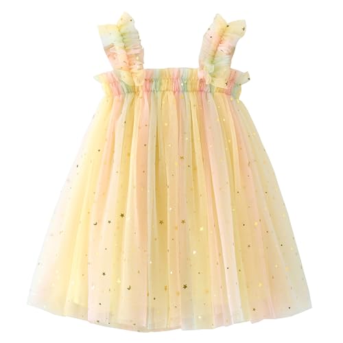 YETANLID Toddler Girls Tulle Tutu Dress Baby Girls Sequin Rainbow Summer Dress Sleeveless Birthday Party Babydoll Dresses Sequin Star-Yellow Size 3-4T