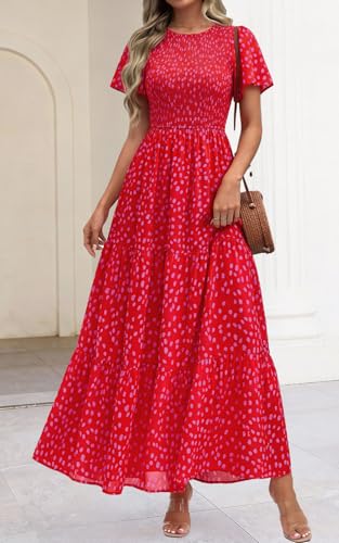 Image of PRETTYGARDEN Women's 2026 Summer Casual Flutter Short Sleeve Boho Floral Maxi Dress Crew Neck Smocked Tiered Long Dresses