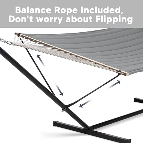 Image of SUNCREAT Double Hammock with 15 ft Stand, Outdoor Hammock with Stand, Balance Straps, Light Gray