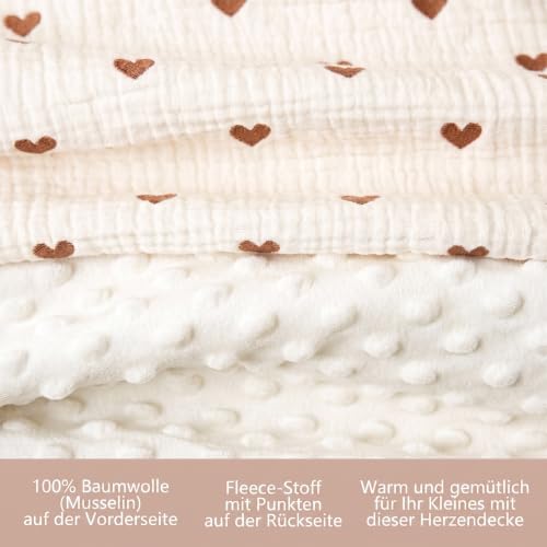 SNOWGAOGAO Babydecke Baumwolle 75x100 cm, Doppelseitig Musselin & Minky Kuscheldecke für Neugeborenen, Weiche Krabbeldecke und Schlafdecken für Kleinkinder Mädchen Junge (Herzen) – Bild 5