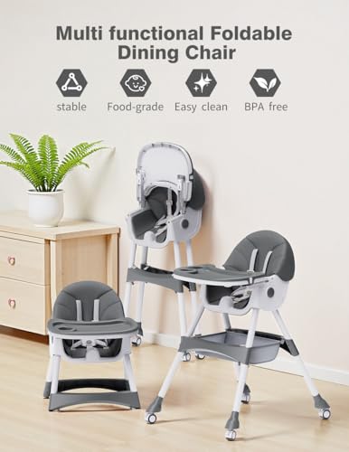 Image of High Chairs for Babies and Toddlers, 4 in 1 Convertible Baby High Chair, Portable High Chair for Travel with Adjustable Height and Back, Foldable HighChair with Wheels& Pu Cushion (Grey)