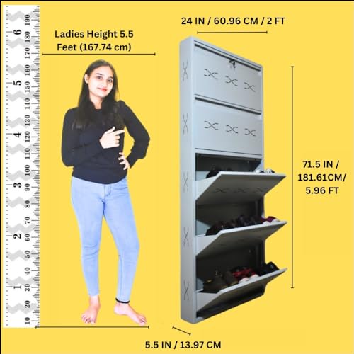 Image of I Metal Shoe Rack I Double Lock I Slim and Wall Mounted I 5 Shelves (Ivory Colour) I Coad LC 2M-05 IV I Height 71.5 Inches, Width 24 Inches, Depth 5.5 InchesI 3 Years Warranty.