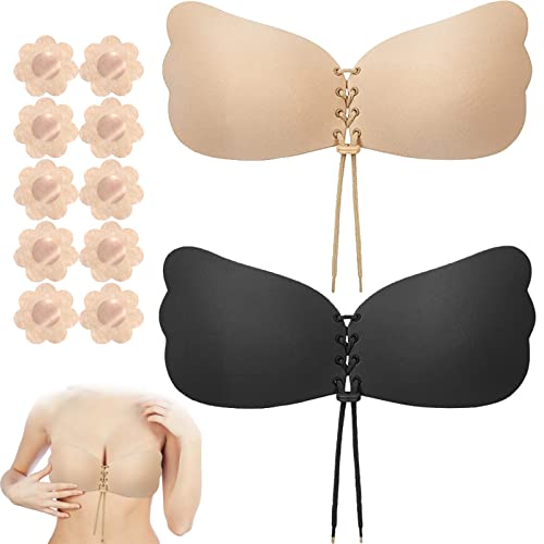 Soutiens Gorge Adhesif Push Up avec Cordon de Serrage 2PCS, Invisible Soutien Gorge sans Bretelles,Réutilisable Soutien Gorge,Cache tétons en Silicone Réutilisable Soutien Gorge pour Robe Dos Nu Cover
