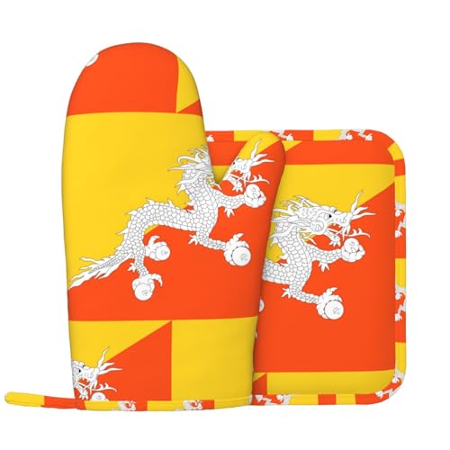 Juego de guantes de cocina y almohadillas de aislamiento térmico de la bandera del Reino de Bután, adecuados para cubiertas de parrilla y platos de cena, perfecto para barbacoas y banquetes.
