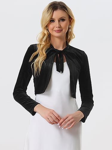 Image of Allegra K Velvet Crop Shrug for Women's Tie Front Long Sleeve Elegant Bolero Cardigan