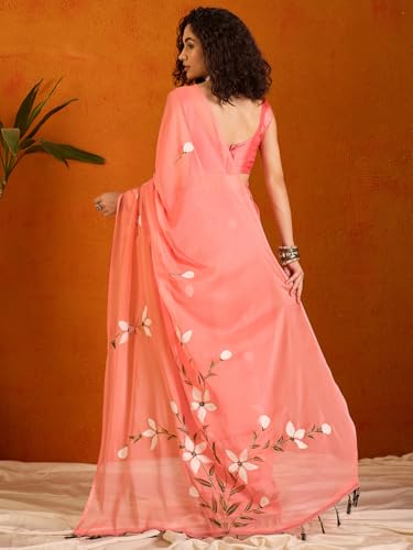 Image of SAREE MALL Women's Chiffon Daisy Floral hand paint Tassel Pallu Lightweight Summer Saree