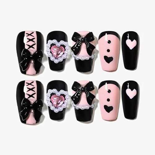 Sun&Beam Nails 手作り ネイルチップ ミディアム ロング コフィン バレリーナ トラペゾイド ネイル デザイン つけ爪 ピンク くろいろ リボン おしゃれ 付け爪 10枚入(#149 S)