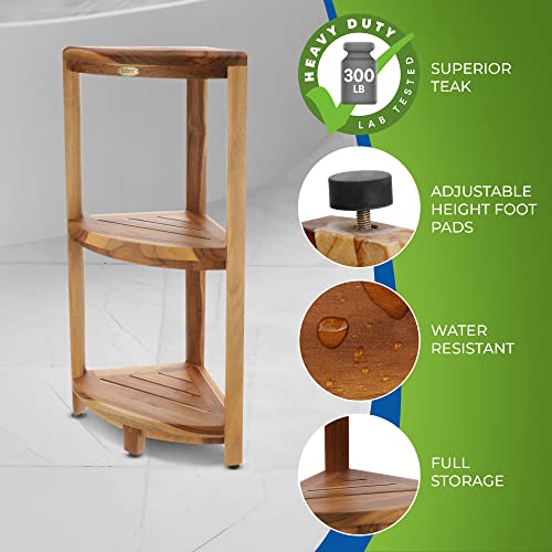 Ecodecors Snazzy Corner Teak Shower Corner Shelf 33" Radius 18” Tall Natural Wood Corner Shower Seat Spa Bench With Shelf Corner Stool For Shower In Earthy Teak Finish #TOP3