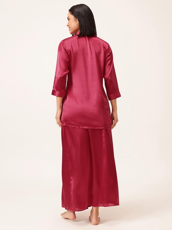 Image of Clovia Women's Chic Basic Satin Long Button Down Top with Dhoti Style Skirt
