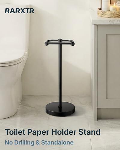 Image of RARXTR Toilet Paper Holder Stand, Modern Bathroom Free Standing Toilet Paper Roll Holder, Stainless Steel Tissue Rack, Rust-Proof & Heavy Stable Base (Matte Black)