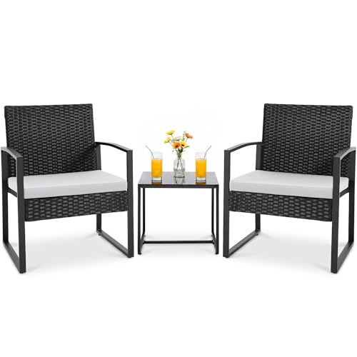 Flamaker 3 Pieces Patio Furniture Outdoor Wicker Modern Rattan Chair Conversation Sets with Coffee Table for Yard, Bistro(White)
