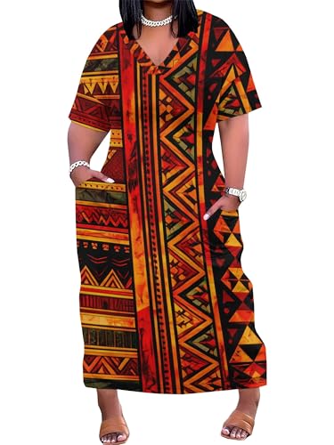 Image of Plus Size Maxi Dress for Women Short Sleeve V Neck Casual Loose Sundress with Pockets