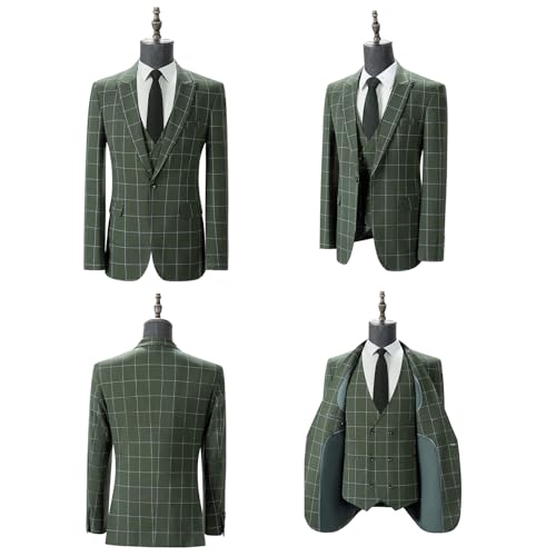 Men's Slim Fit 3 Piece Plaid Suit Set,Business Formal Attire Solid Blazer Jacket Vest Pants2