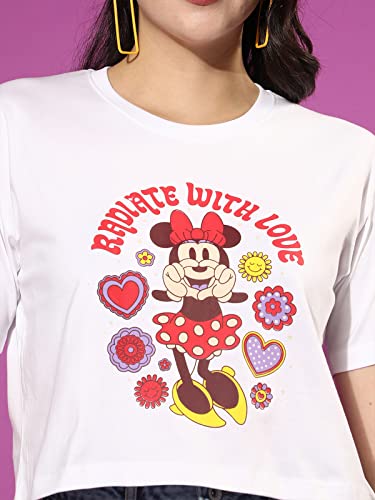 Image of JUNEBERRY Official Disney Minie Mouse Women's Comfortable & Fashionable Graphics Printed Round-Neck Drop-Shoulder Sleeves Relaxed Fit Crop T-Shirt for Girls (White & Black)