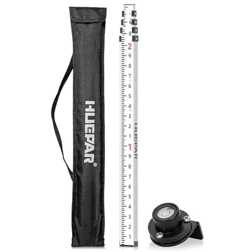 Image of Huepar 9 - Foot Aluminium Grade Rod -10ths 4 Telescopic Sections with Bubble Level - Waterproof Soft Carrying Bag Included GR3