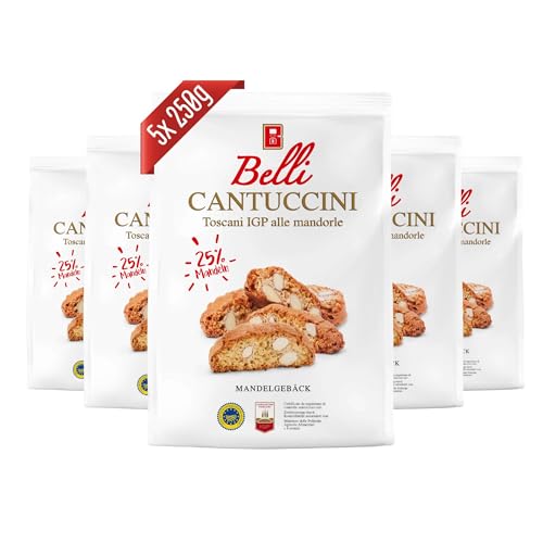 Belli Cantuccini 5er Pack alle mandorle (5x 250g) | Mandelgebäck aus Italien | Keks mit Mandeln | insgesamt 1250g Gebäckstücke
