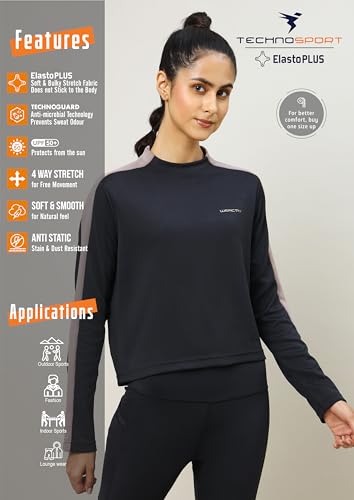 Image of TECHNOSPORT Womens Polyester Crew Neck Slim Fit Color Blocked Crop Sweatshirt Quick Dry & Antimicrobial