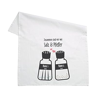 Herz & Heim® Geschirrtuch weiß 100% Baumwolle 45 x 70 cm - Salz & Pfeffer - mit Aufdruck Ihrer Namen und Datum