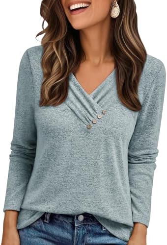 Cuptacc Pullover Damen Langarmshirt V Ausschnitt Knopf T Shirt Longsleeve | V-Ausschnitt,Zierknöpfen,Falten,Locker,Elegant,Stretch,Langarm,Einfarbig,Bequeme,Herbst,Winter,Casual,Sc