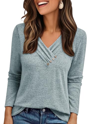 Cuptacc Pullover Damen V Ausschnitt Schicker Solid Color Oversized Festliche Tuniken Knopfleiste Lässige Warm Dünn Pullover Damen Graublau XXXL