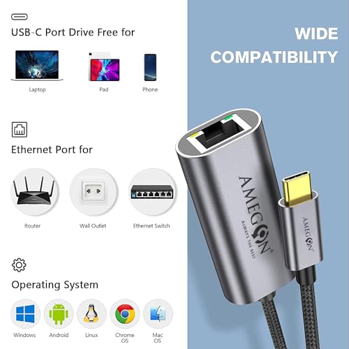 Image of AMUA05C USB-C to Gigabit Ethernet Adapter-USB TypeC to RJ45 LAN Dongle-Plug & Play Network Converter for MacBook, iPad Pro,Chromebook,Windows - Compact, Reliable Wired Internet,Includes Cloth
