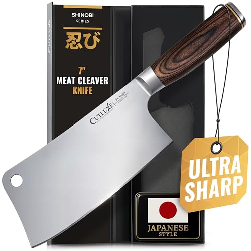 Listado de Hachas de cocina los mejores 10. 49 Cutluxe - Cuchillo para carne ultra afilado, cuchillo para carnicero, hoja de acero inoxidable de alto carbono, mango completo Pakkawood – Serie Shinobi