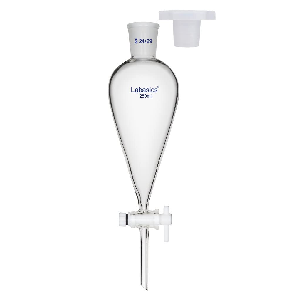 Labasics Imbuto Separatore Conico a Parete Pesante in Vetro Borosilicato con 24/29 Giunti e Rubinetto di Arresto in PTFE, 250 ml