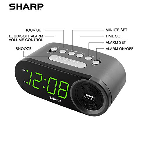 Image of Sharp Digital Easy to Read Alarm Clock with 2 AMP High-Speed USB Charging Power Port - Charge Your Phone, Tablet with a high Speed Charge! Simple, Easy to Use Operation, Black - Green LEDs