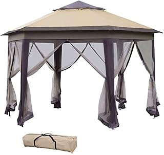 Outsunny Hexagon Patio Gazebo Pop Up Gazebo Outdoor Double Roof Instant Shelter with Netting, 4m x 4m, Beige