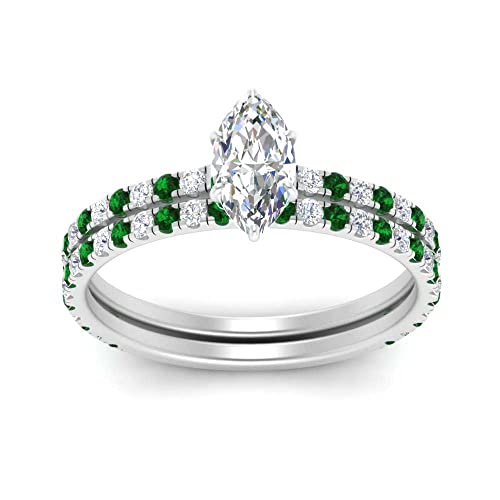 Image of Choose Your Gemstone Three Quarter Diamond CZ Gallery Bridal Ring Set 925 Sterling Silver Marquise Shape Wedding Ring Sets for WomenUS Size 4 to 12