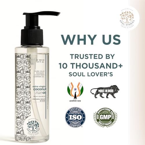 Image of Soul Stories Extra Virgin Coconut Oil 100ml | 100% Pure Cold Pressed Oil for Hair, Face & Body | Helps Nourish Dry Skin, Improve Shine & Support Healthy Scalp | Lightweight Daily Care Oil