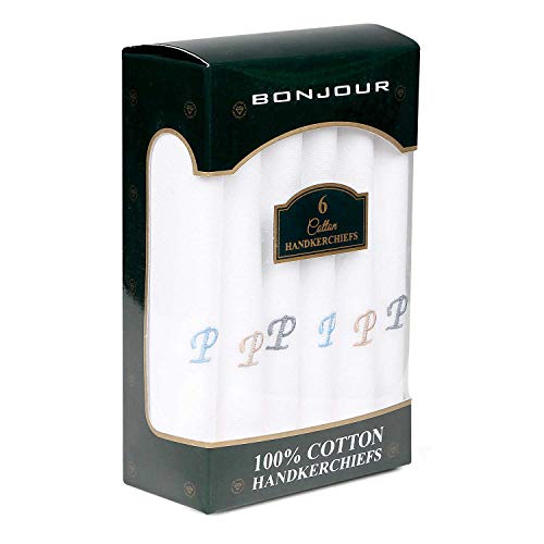 Image of Bonjour Men's White Cotton Handkerchief With Alphabet (A to Z) Initial (Pack of 6)