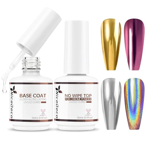 Nicedeco Base y Top Coat Semipermanente para Polvo de Cromo UV LED Soak off Kit de Uñas Sin crueldad Esmaltes Semipermanentes en Gel Para Kit de Manicura y Pedicura - Vegano 2 x 15ml