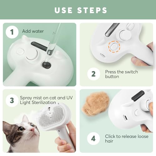 Image of Cat Steam Brush, 4 In 1 Steamy Cat Hair Brush Self-Cleaning Cat Brush for Shedding Pet Hair Grooming Brush with Release Button, Water Tank and Spray for Cats Dogs (White)