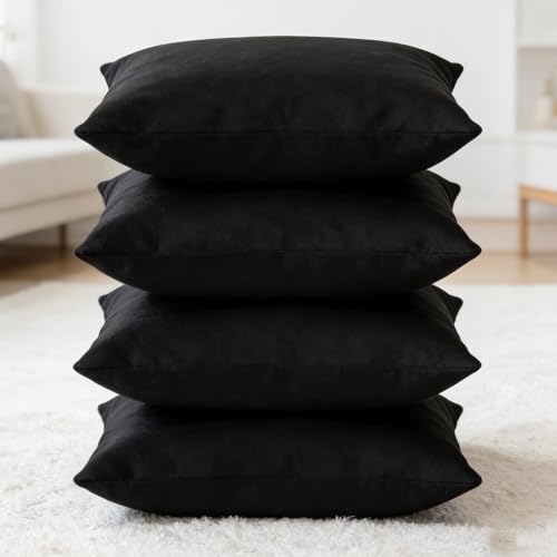 Traziewell Black Cushion Covers 45 x 45 cm Set of 4 with Invisible Zipper Throw Pillow Cushion for Home Décor Bedroom & Sofa (18x18 Inchs) 6114